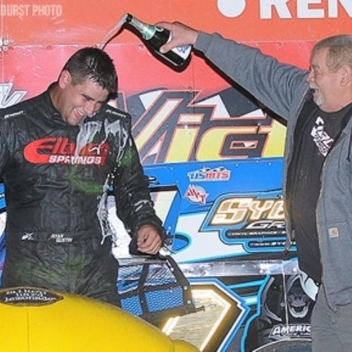 Owner Ed Gressel celebrates with Ryan on World Modified Dirt Championship win -2012